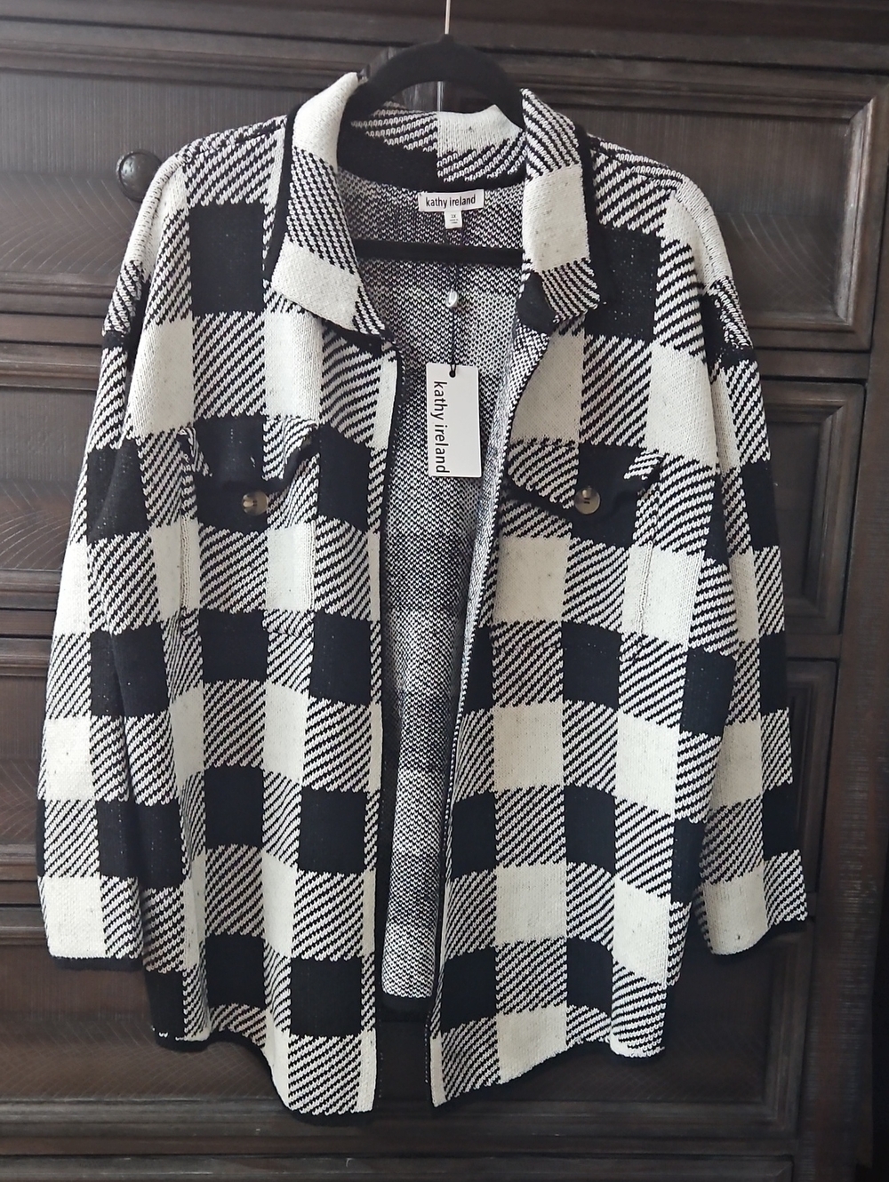 kathy ireland Black and White Buffalo Check Button-Front Jacket